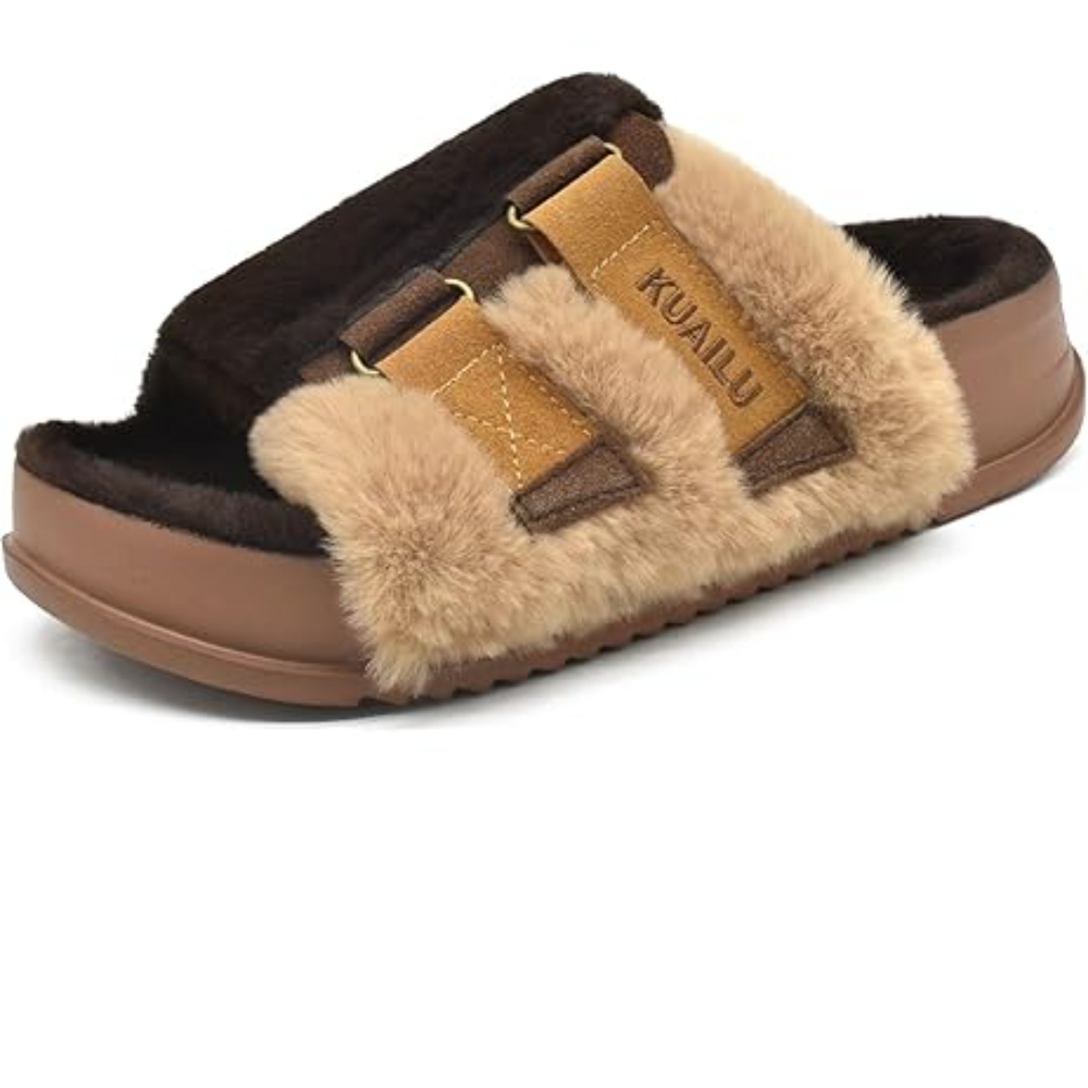 KUALIU Brown and Tan Fur Slides/New With Bag/ SZ 12/ Brown Tan Fluff/ See Pics
